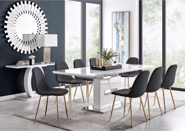 FurnitureboxUK Arezzo Large Extending Rectangular Dining Table and 8 Corona Gold Leg Chairs in Black, White and Gold