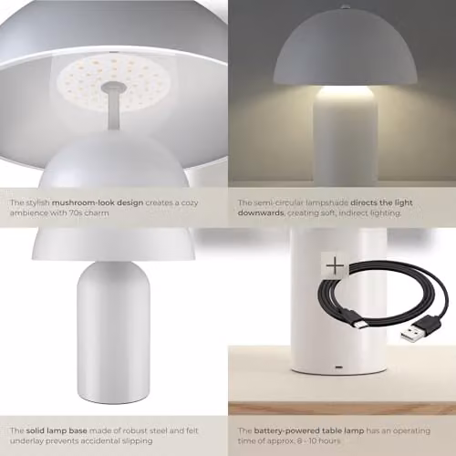 tectake Mushroom Table Lamp in White Coated Steel, Rechargeable Cordless Portable Touch Light with 3-Step Dimming Function – 4