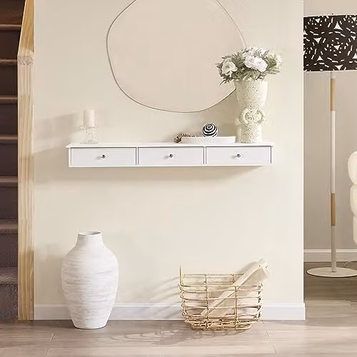 SoBuy Modern White Floating Shelf with 3 Drawers, W: 94 cm, D: 15 cm, H: 10 cm – 2