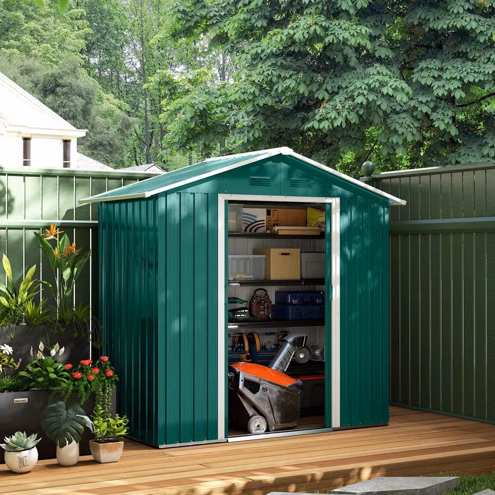 Rolipo Metal Garden Shed with Sliding Doors and Vents, Green, W/D/H: 198.12 x 106.68 x 106.68 cm – 3