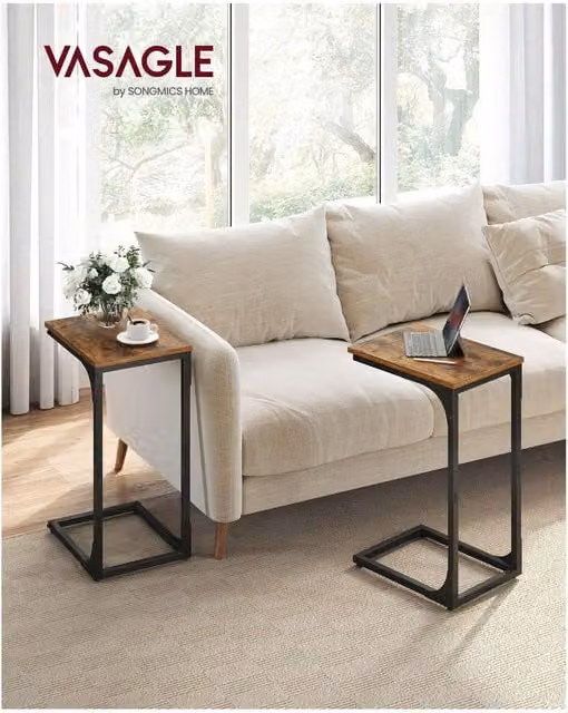 VASAGLE Set of 2 C-Shaped Side Tables with Metal Frame and Composite Wood in Bronze and Brown, W/D/H: 40 x 30 x 62 cm