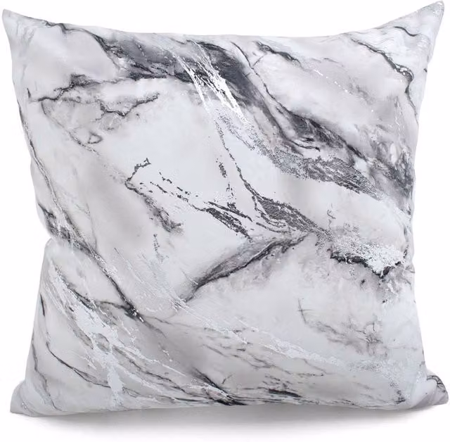 Velosso Grey Metallic Marble Printed Plush Square Cushion with Removable Washable Cover