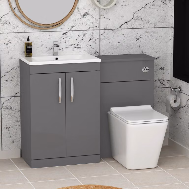 Royal Bathrooms Turin Minimalist Indigo Grey Gloss Floor Standing Bathroom Furniture Pack with Slim Elena Toilet and 2-Door Vanity Unit