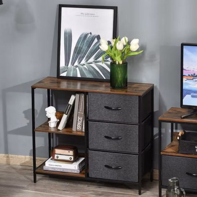 HOMCOM Industrial Storage Cabinet with 3 Drawers and 2 Shelves in Brown and Black