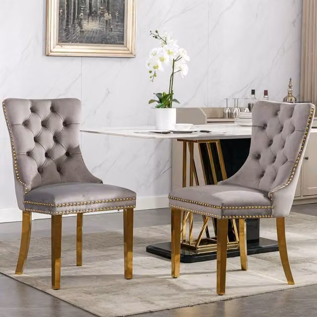 HomeTouch Set of 2 Grey Velvet Dining Chairs with Gold Metal Legs – 1