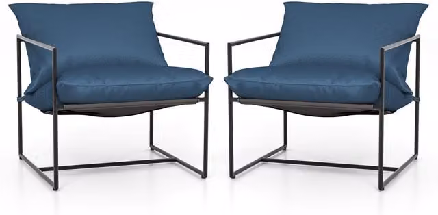 Costway Set of 2 Modern Blue Fabric and Metal Outdoor Leisure Chairs with Armrests