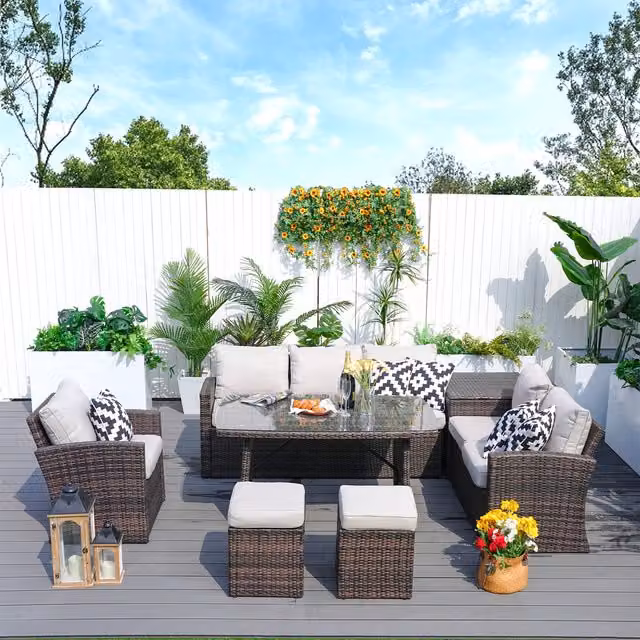 Abrihome 7-Piece Wicker Patio Conversational Sofa Set with Beige Cushions in Brown