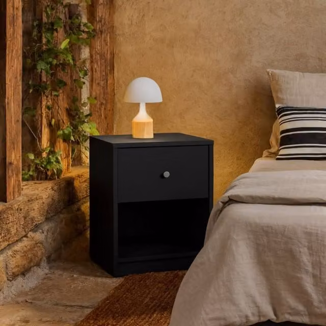 Wyld Haus Tainan Black Bedside Table with 1 Drawer and 1 Shelf, W/D/H: 30.1 x 37.9 x 48.4 cm