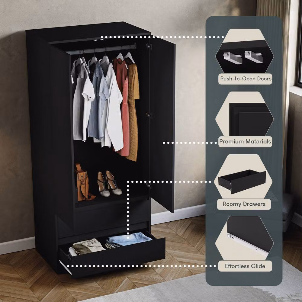 HD Designs Denver Modern 2 Door Wardrobe with Internal Drawers in Matt Black MDF – 3