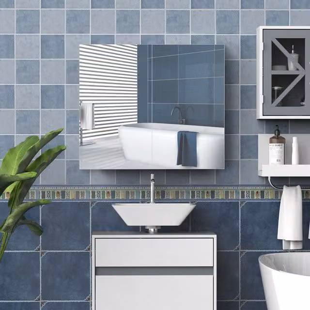 HOMCOM Modern White Wall Mounted Bathroom Mirror Cabinet with Glass Doors and Internal Shelves, Width: 70 cm