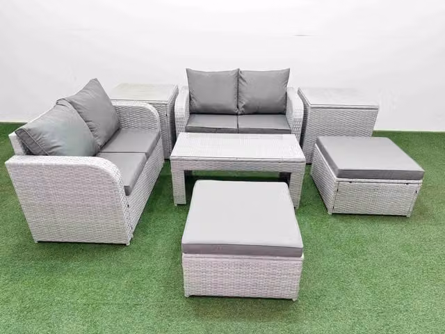 Fimous 6 Seater Rattan Garden Furniture Set in Light Grey with Outdoor Sofa, Coffee Table and Ottoman