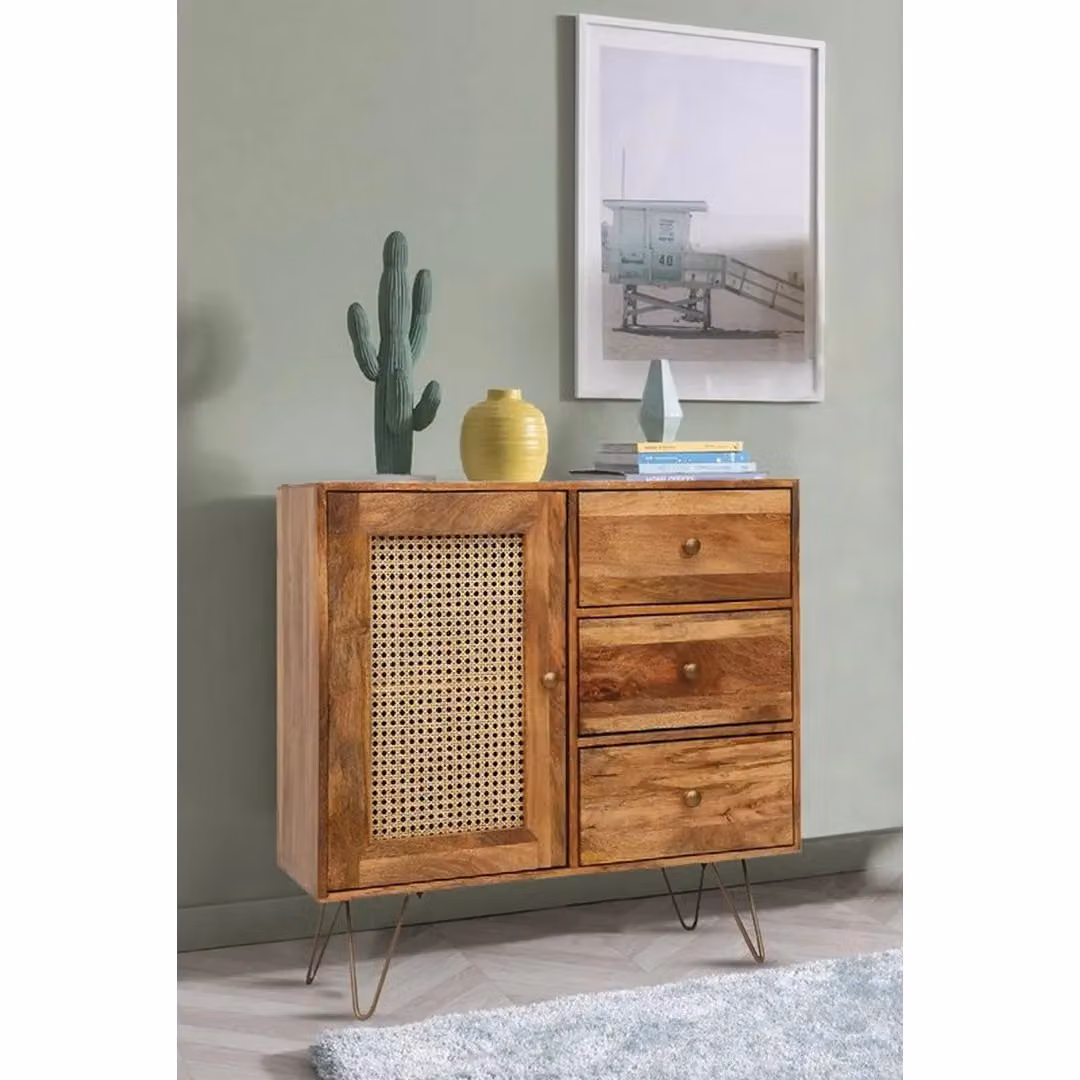 Jaipur Furniture Ltd Nyack Small 3 Drawer Sideboard in Light Brown Mango Wood and Iron with Natural Rattan, W: 90 cm, D: 40 cm, H: 87 cm – 3