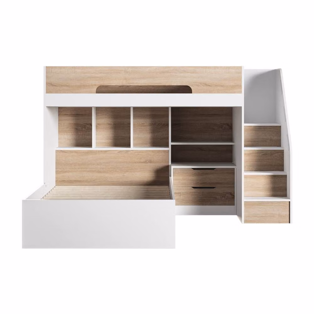 Flair Greyson White Solid Wood Triple Bunk Bed with Stairs and Storage Drawers, W/D/H: 200 x 120 x 219.1 cm – 2