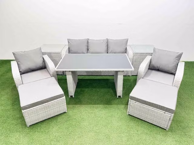 Fimous 7-Seater Outdoor Rattan Garden Furniture Dining Set with 2 Side Tables in Light Grey