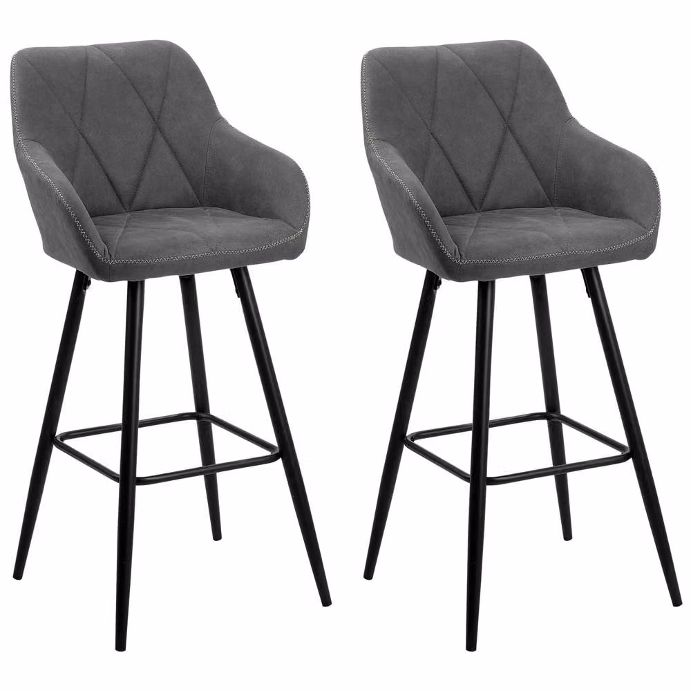 Wyld and Coco Set of 2 Grey Quilted Fabric Bar Stools with Arms – 2