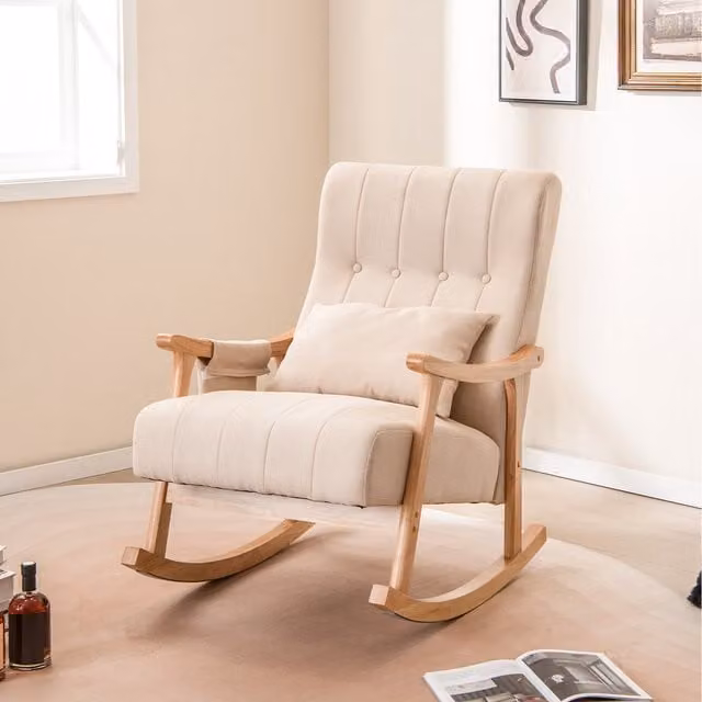 COSTWAY Upholstered Nursery Rocking Chair Glider with Armrests in Beige and White