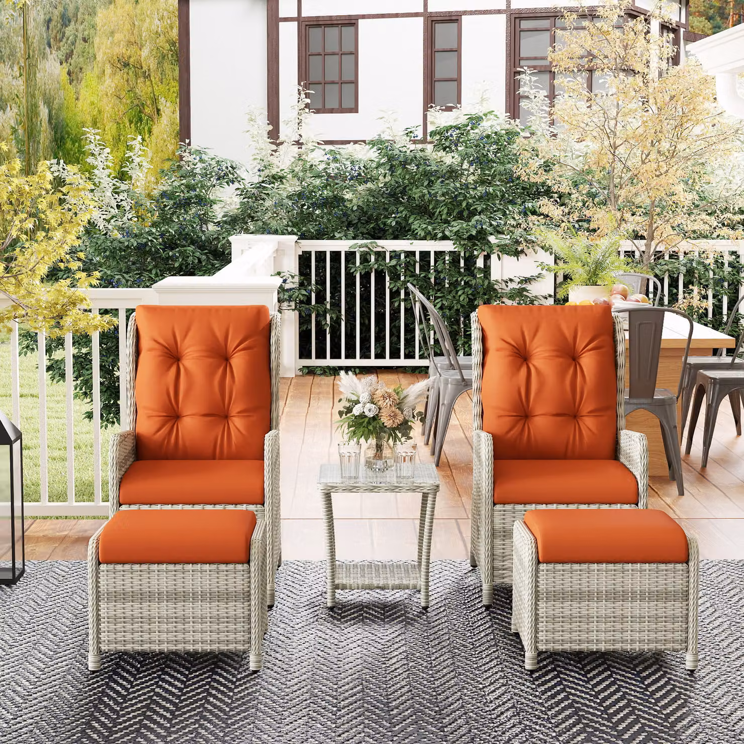 Outsunny 5 Piece Rattan Bistro Set with Adjustable Back, Reclining Wicker Balcony Furniture with Cushions, Glass Top and Footstools, Orange – 6