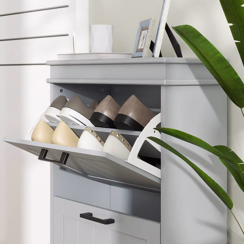ERGOVEXA Grey Slim Shoe Cabinet with 2 Tilting Drawers and Internal Shelves – 5