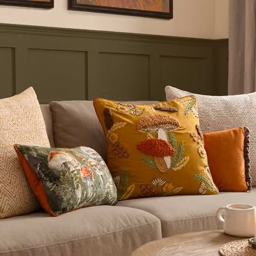 Wylder Mushroom Dell Embroidered Cotton Cushion in Autumn Gold, W/D/H: 45 x 45 x 45 cm – 4
