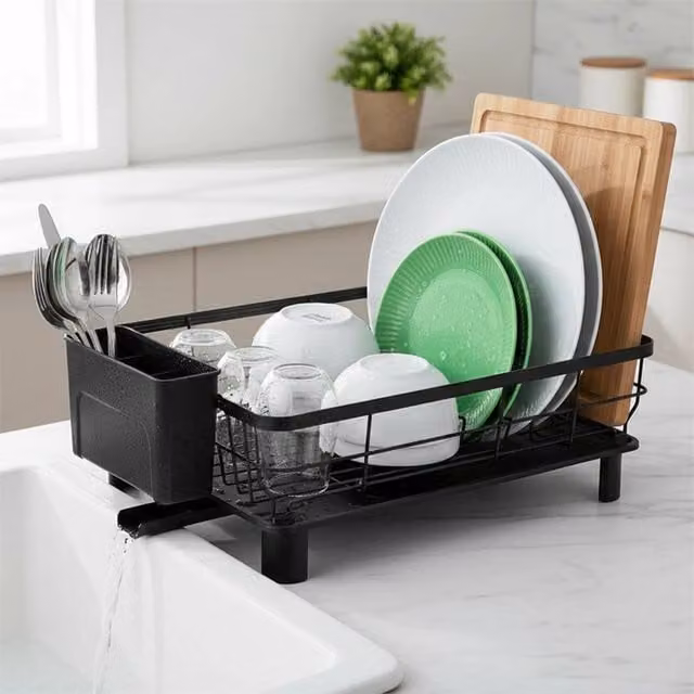 Nordara Black Dish Drainer Rack with Cup Holder and 360 Degree Rotating Drip Tray – 1