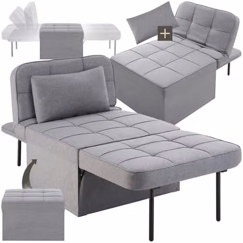 tectake 4-in-1 Folding Chair, Day Bed, Lounger and Footstool with Metal Frame and Foam Padding in Grey