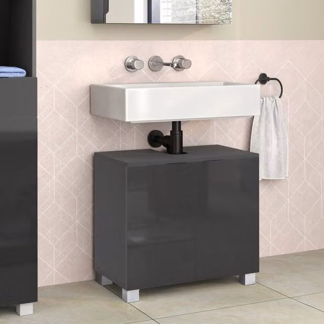 Well Time Atlas Grey Glossy Freestanding Bathroom Sink Cabinet with 2 Hinged Doors