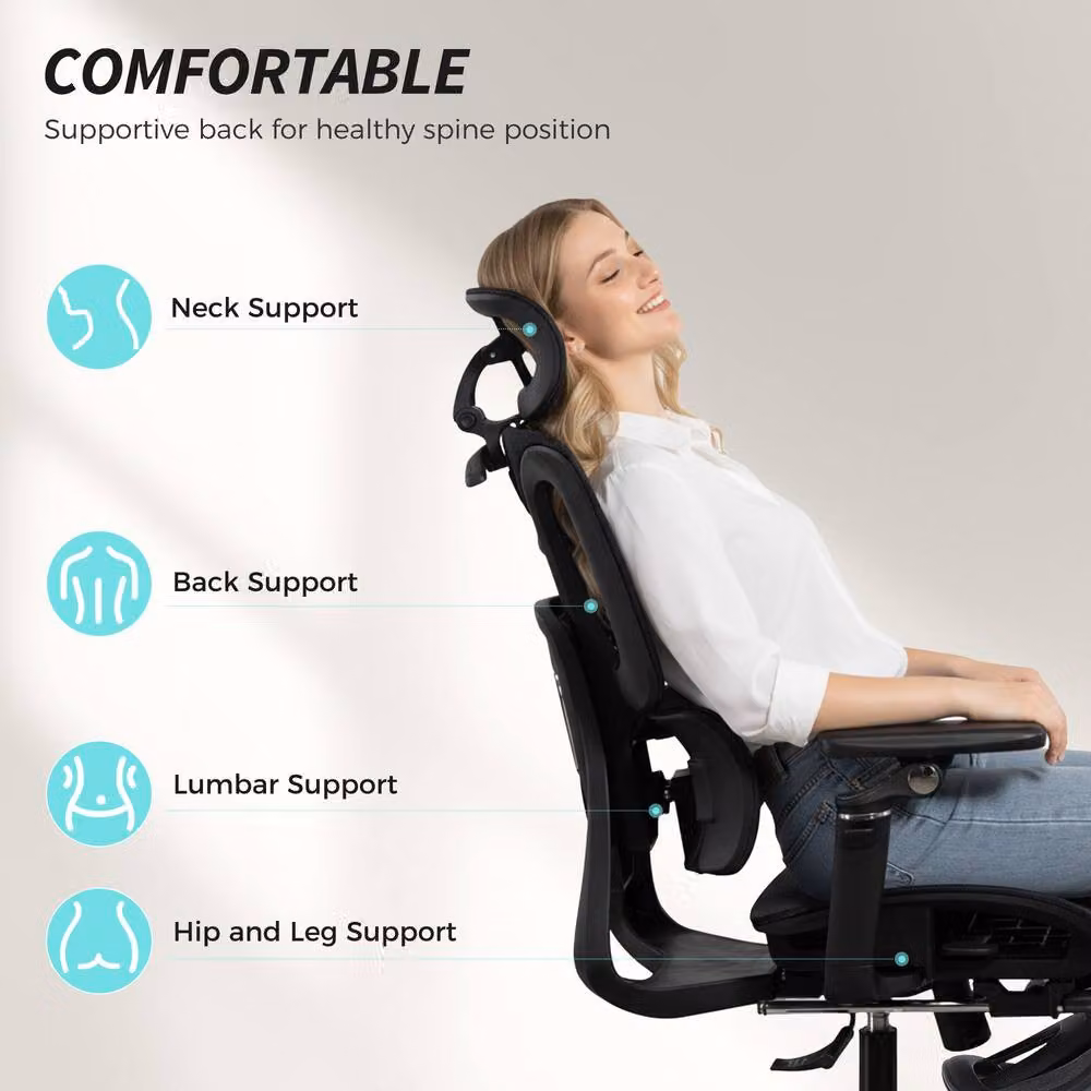 HOMCOM Ergonomic Black Fabric Office Chair with Headrest and Footrest – 4