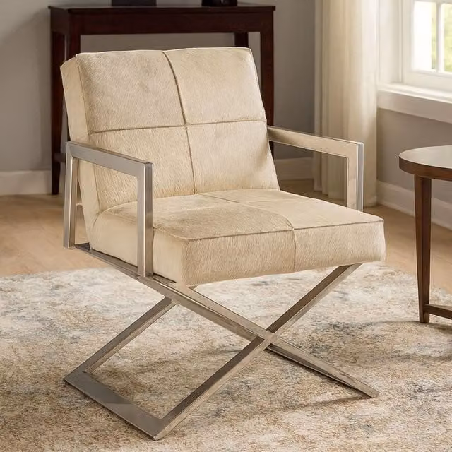 Orsina Contemporary Grey Velvet Armchair with Metal Cross Base and Armrests – 1