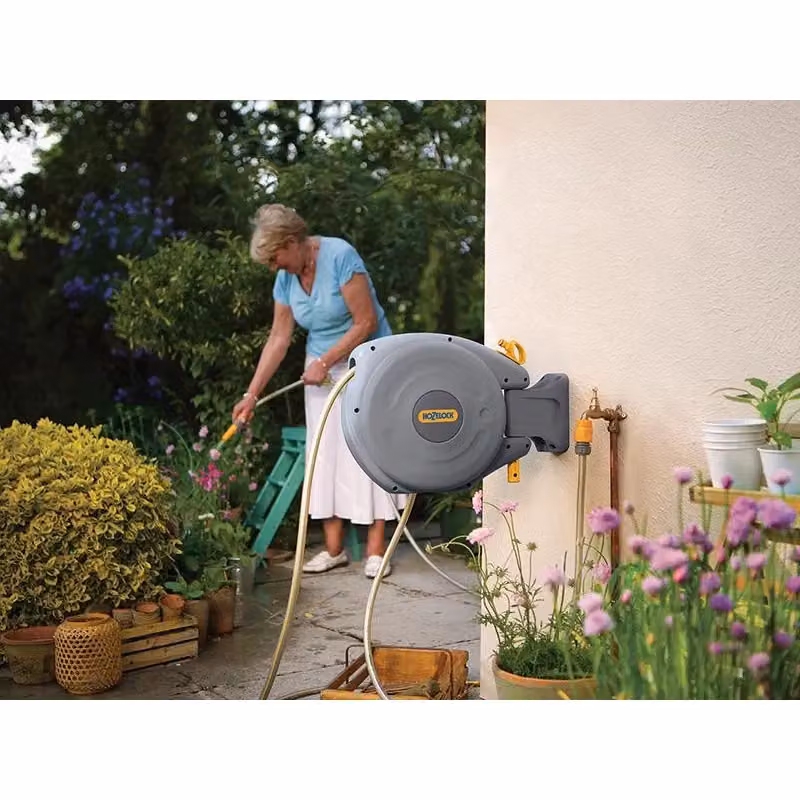 Hozelock 2485 Automatic Wall-Mounted Hose Reel in Grey and Multicolour with 10m of 10mm Hose – 3