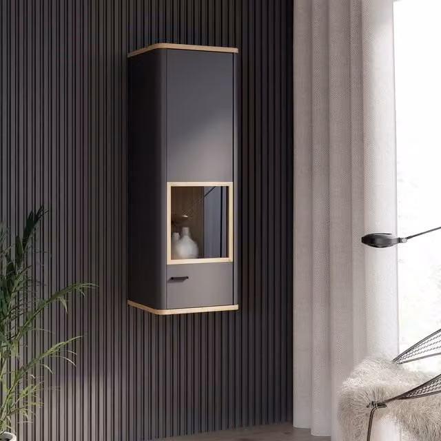 Furniture To Go Klara Modern Display Cabinet with Glass Doors in Grey and Oak