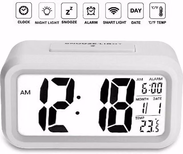 NESTLUNE Digital LED Alarm Snooze Clock with Night Light and Thermometer, White, W: 100 cm, D: 15 cm, H: 15 cm