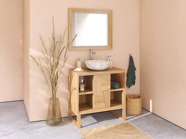 Vente-unique MATARAM Freestanding Teak Bathroom Vanity Unit in Light Oak, Width: 80 cm
