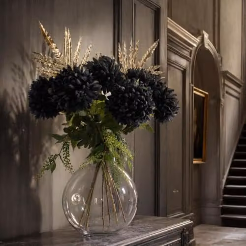 Leaf Design Black Chrysanthemum Artificial Flower Bundle with Round Glass Ball Vase in Grey, Green and Gold, Height: 95 cm – 2