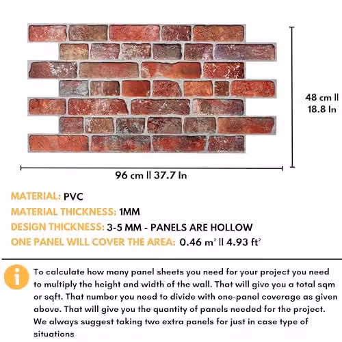 Novecrafto 3D Brick Effect PVC Wall Panels, Red and Brown, 6 Sheets, W: 96 cm, H: 48 cm – 5