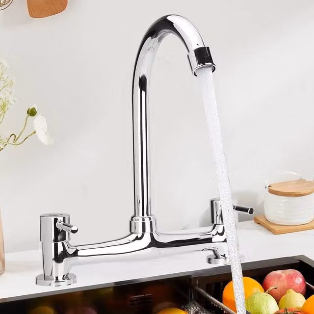 NESTLUNE Modern Dual Lever Chrome Kitchen Sink Mixer Taps in Silver – 1