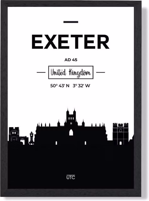 ARTZE Exeter Black and White City Skyline Framed Print in Black Frame, A3 – 1