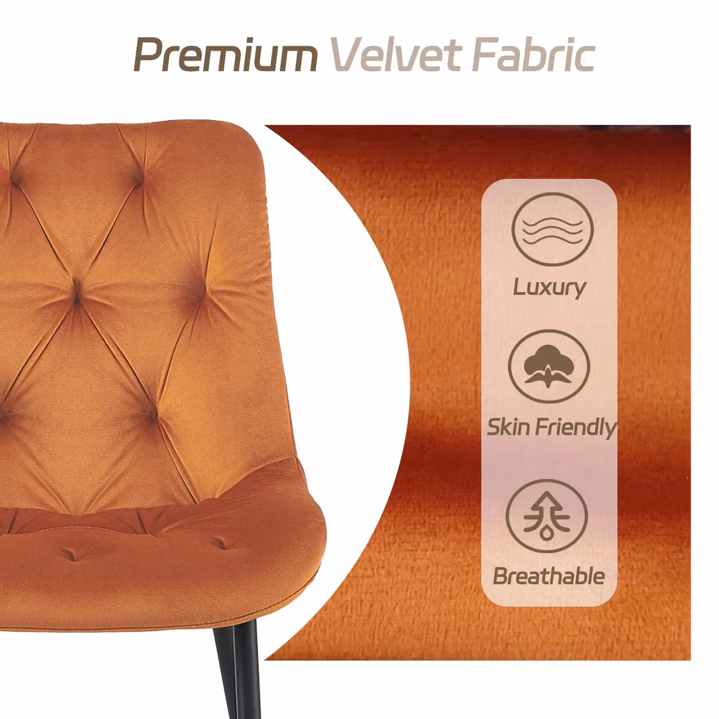 SONARA Modern Set of 4 Orange Velvet Dining Chairs with Ergonomic Upholstered Seats and Metal Legs – 3