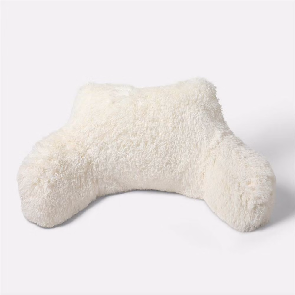 OHS Fluffy Fleece Reading Cushion Pillow with Arms and Lumbar Support in Ivory/Beige – 2
