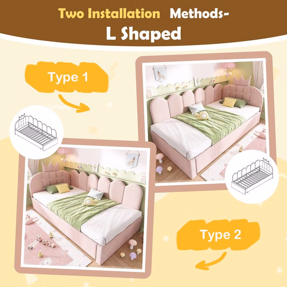Merax Crown Upholstered Velvet Daybed with Pull Out Trundle Bed in Pink, W/D/H: 90 x 190 x 130 cm – 5
