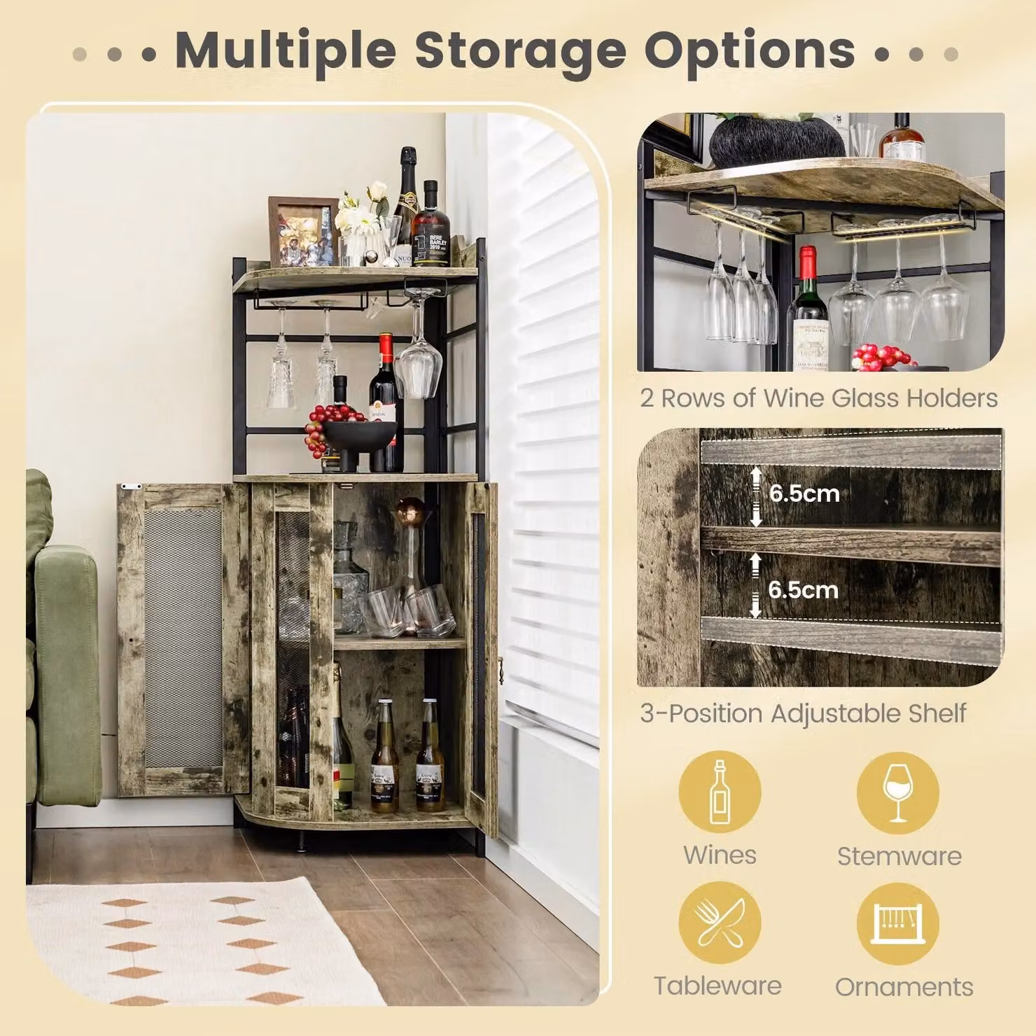 Costway Industrial Kitchen Corner Bar Cabinet with Glass Doors in Brown – 6