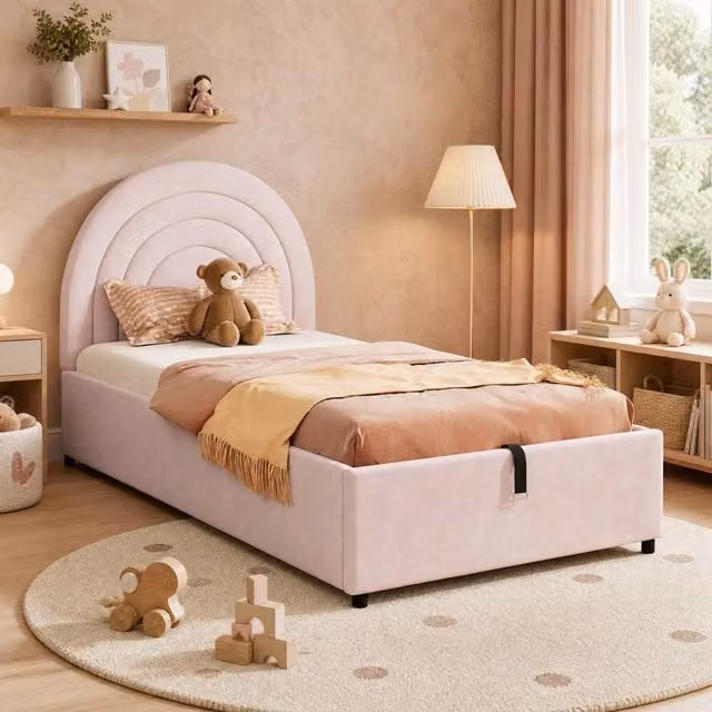 STILVORA Pink Velvet Single Storage Bed with Hydraulic Lift-Up Base
