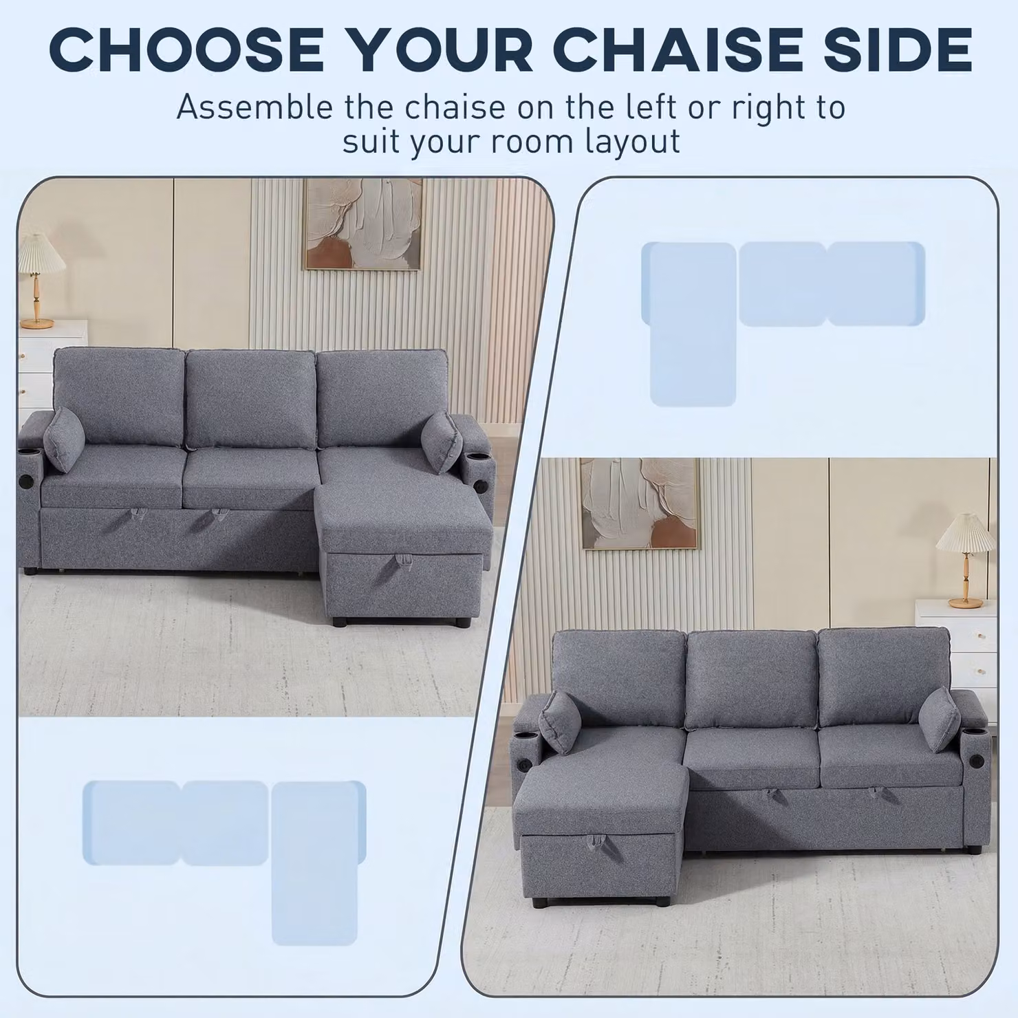 HOMCOM L-Shaped Corner Sofa Bed with Reversible Storage Chaise, USB Charging and Cup Holders, Grey Fabric – 4