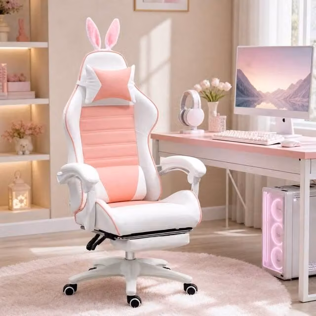 STILVORA Pink Synthetic Leather Gaming Chair with Reclining Back, Footrest and Headrest, W/D/H: 52 x 44 x 120 cm
