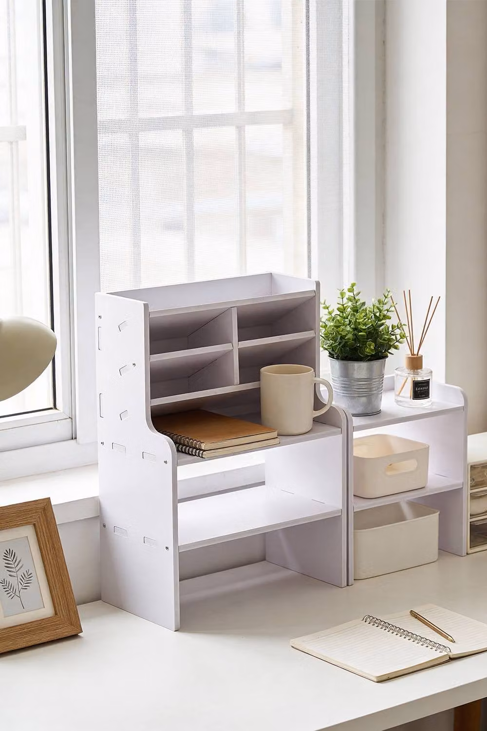 Living and Home Modern Desktop Storage Shelf with Back Panel in White Matt MDF – 3