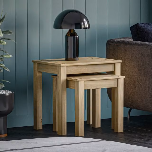 Vida Designs Panama Nest of 2 Square Tables in Brown Waxed Pine