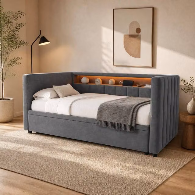 STILVORA 3ft Single Upholstered Bed Frame with USB in Grey