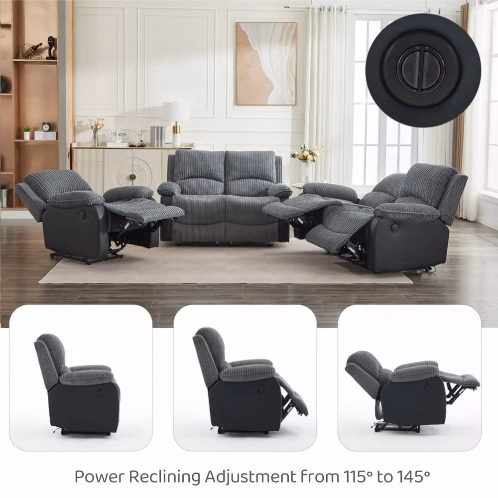 FURNITURE ONE Electric Reclining Sofa Set in Grey Corduroy Fabric – 5
