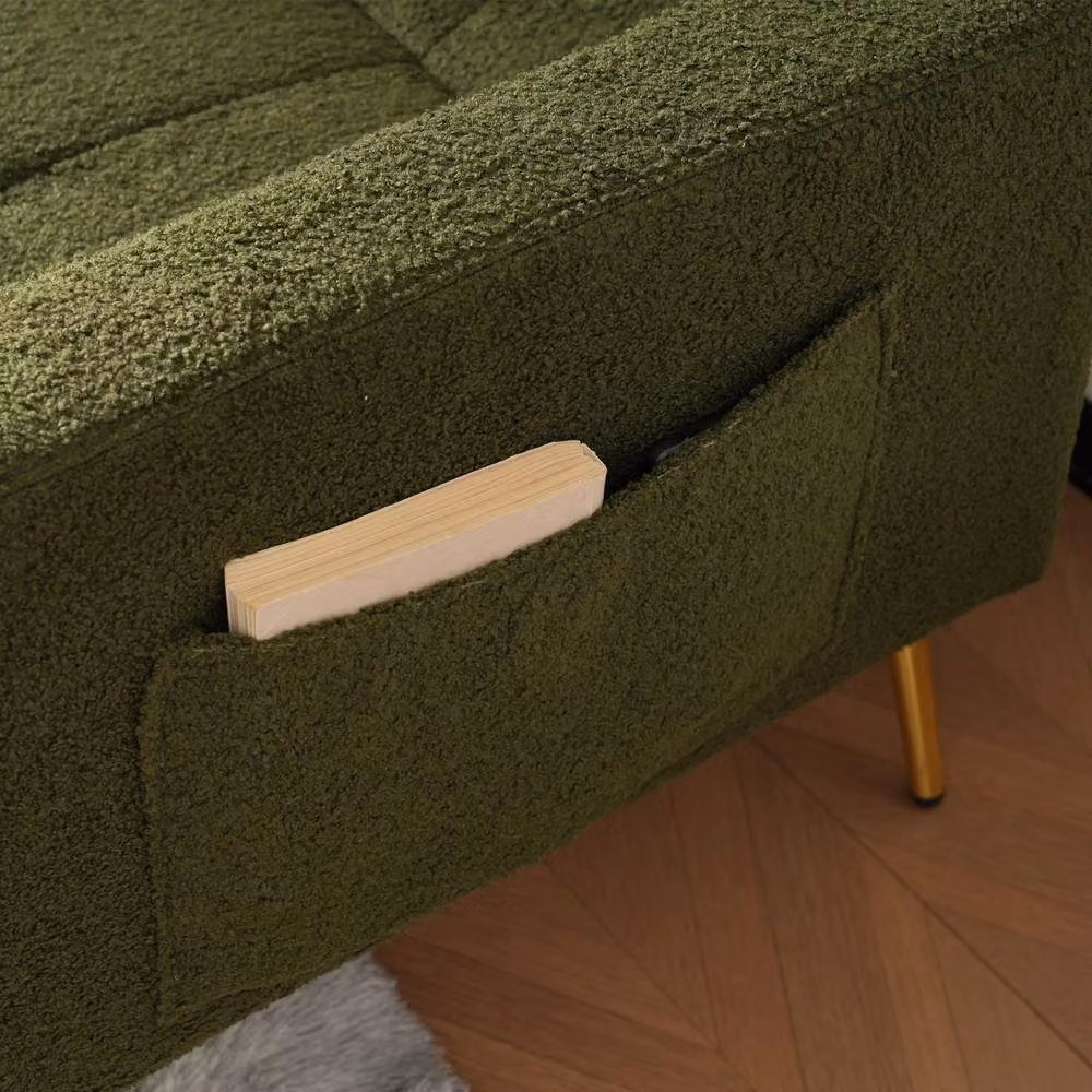 BTM Green Bouclé Fabric Click Clack Sofa Bed with Gold Legs and Scatter Cushions – 2
