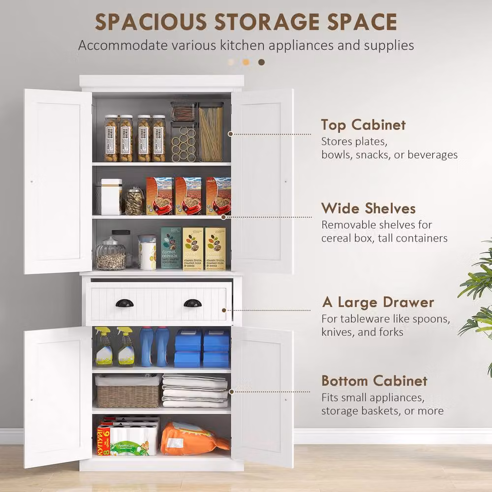HOMCOM Freestanding White Kitchen Storage Tall Unit with Drawers, Shelves and Hinged Doors – 3