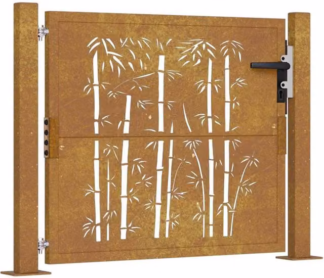 Berkfield Home Garden Gate in Brown Corten Steel with Bamboo Design, W/H: 105 x 80 cm